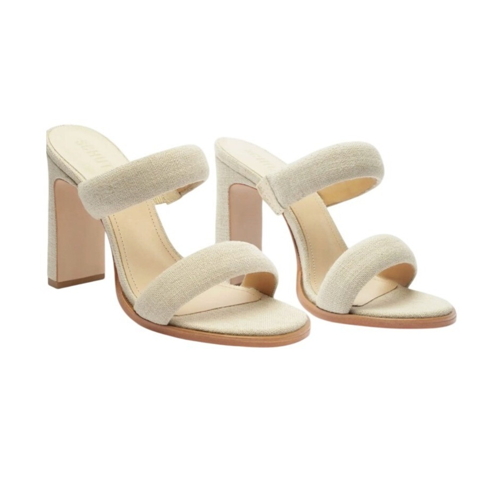 Schutz Mully Fabric Sandals Beige Linen Block Heel Slide Shoes 8.5B